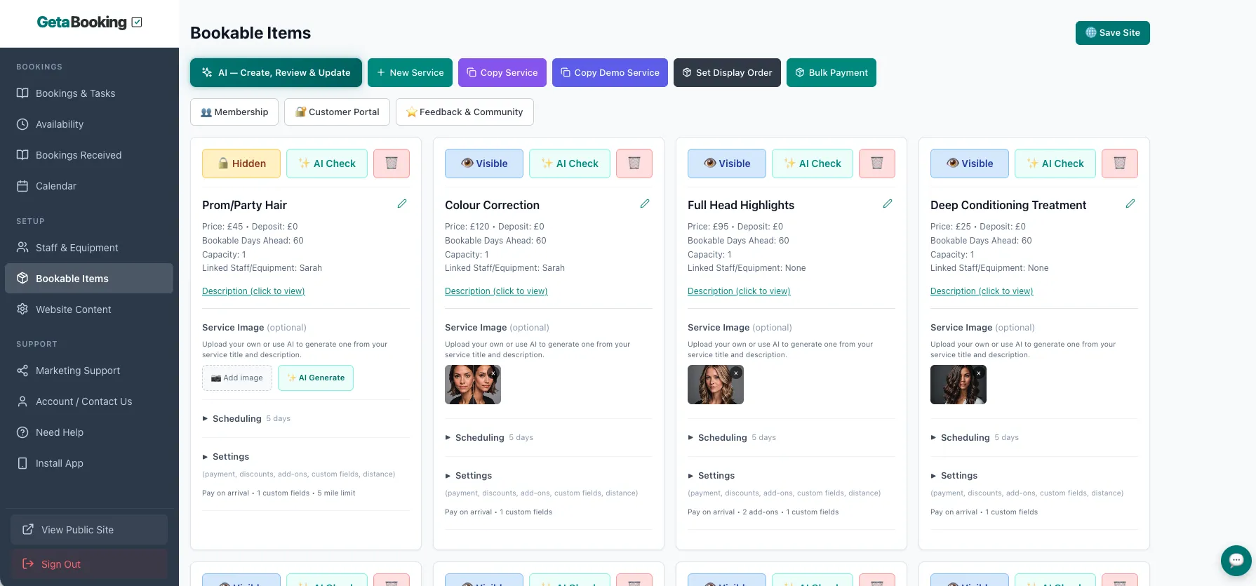 GetaBooking AI Service Builder interface showing bookable items