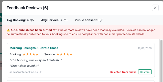 GetaBooking review compliance - booking page showing star ratings