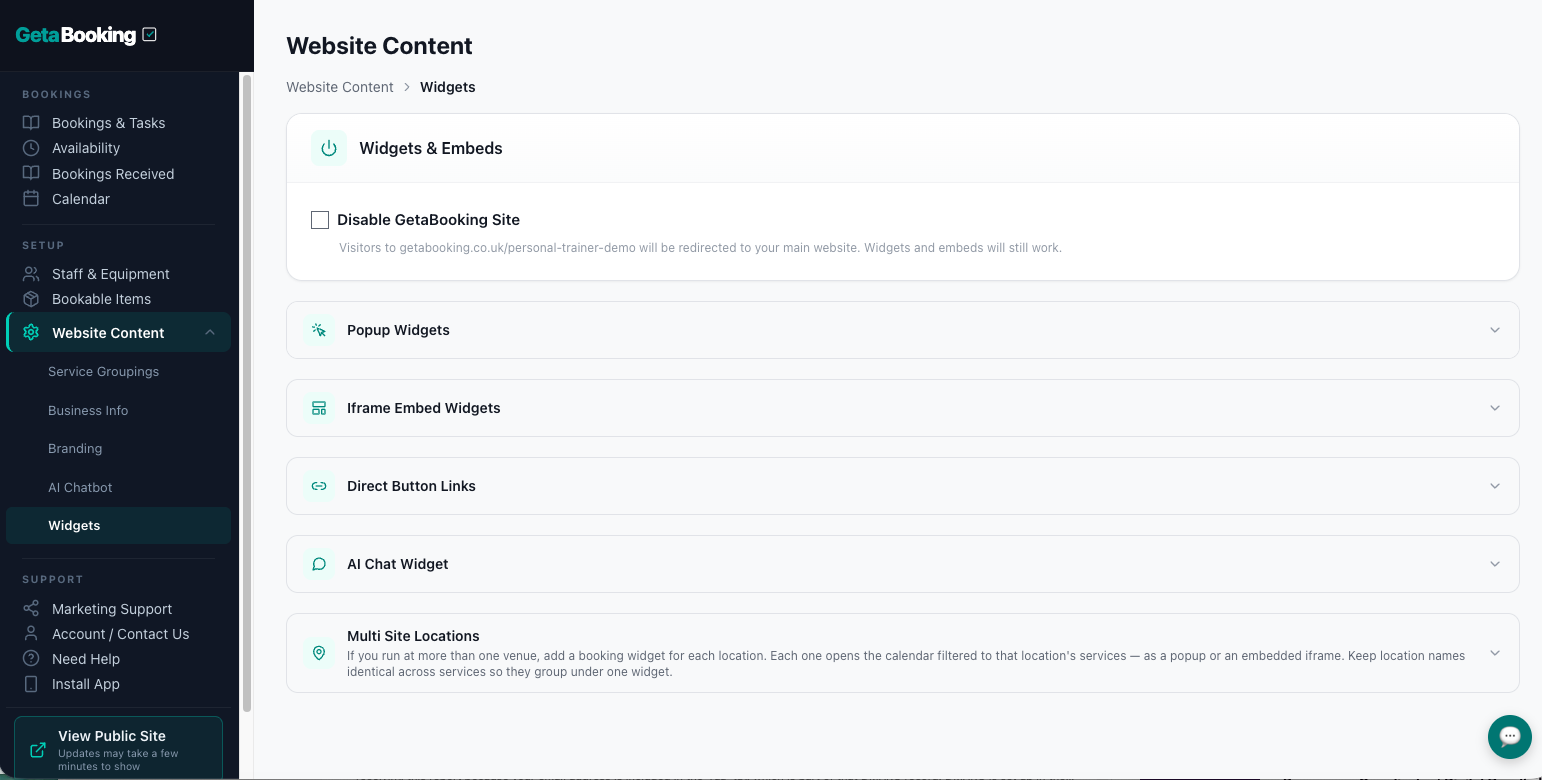 GetaBooking widget options preview